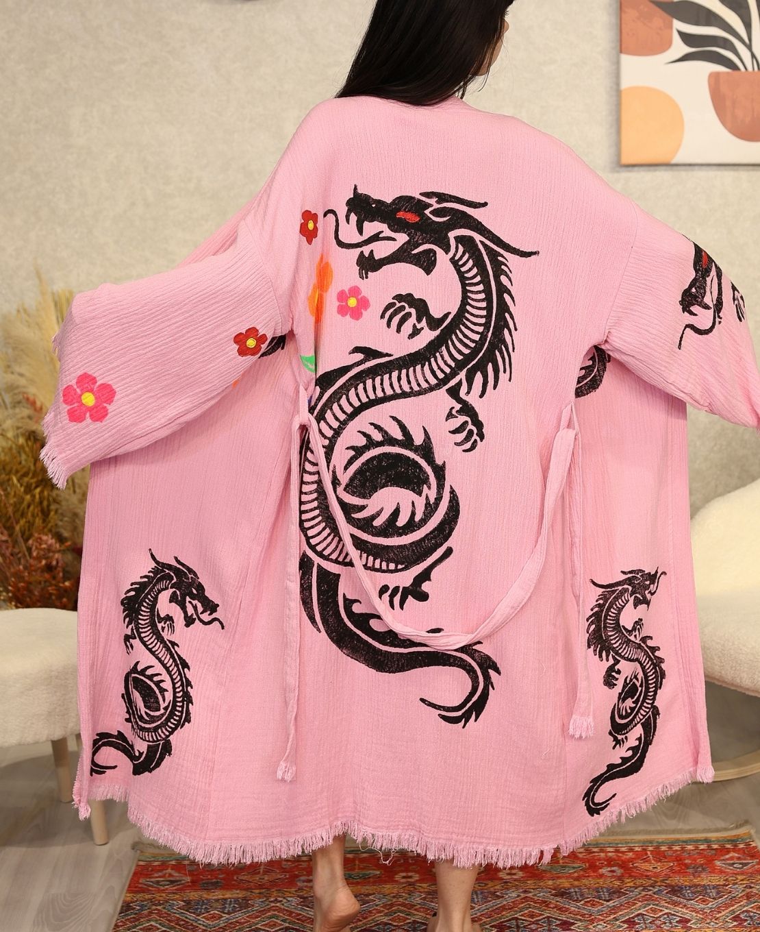 Golden Dragon Block Printed Cotton Kimono Robe