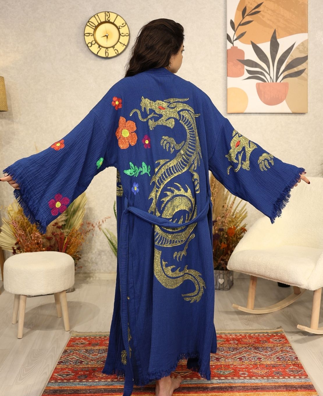 Golden Dragon Block Printed Cotton Kimono Robe