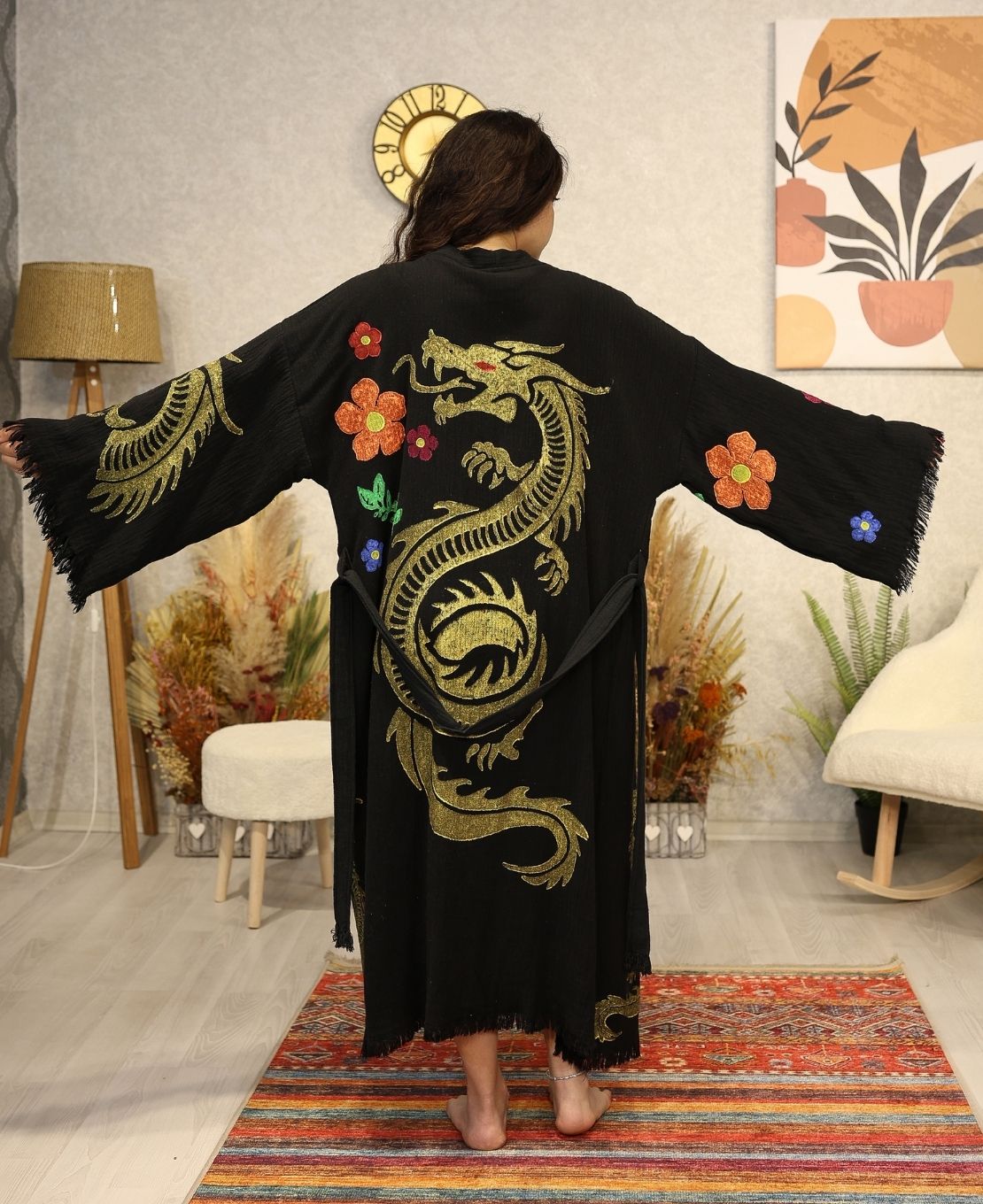 Golden Dragon Block Printed Cotton Kimono Robe