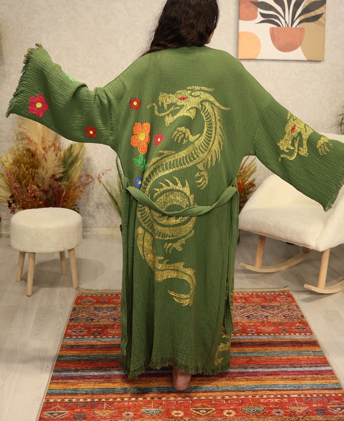 Golden Dragon Block Printed Cotton Kimono Robe
