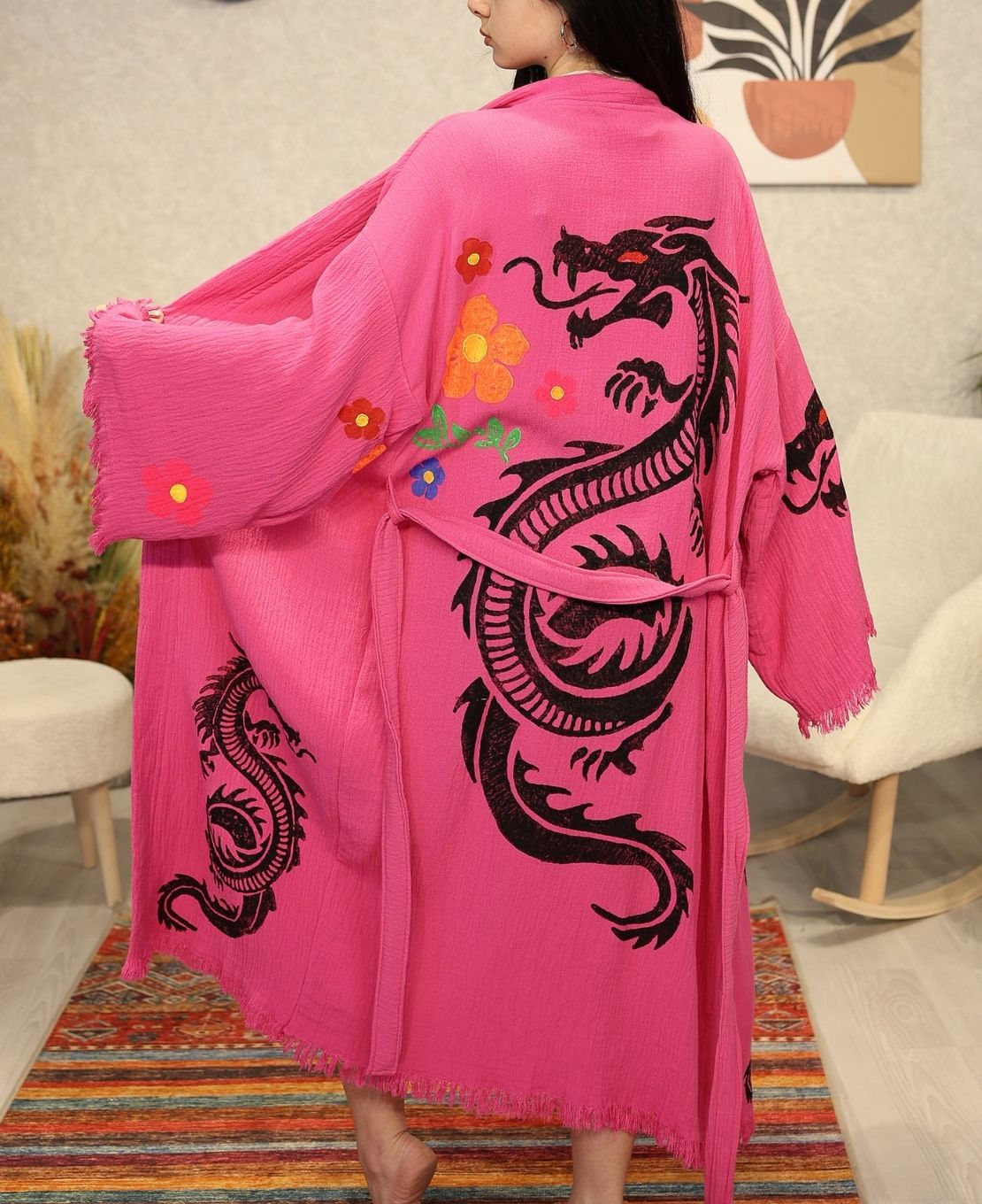 Golden Dragon Block Printed Cotton Kimono Robe