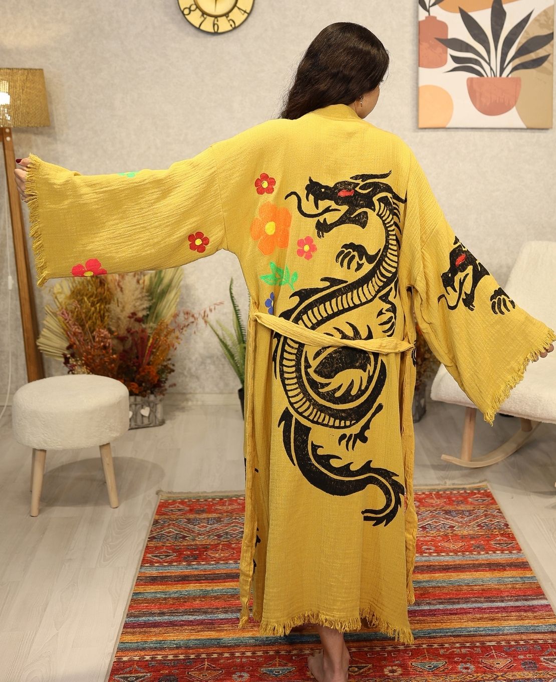 Golden Dragon Block Printed Cotton Kimono Robe