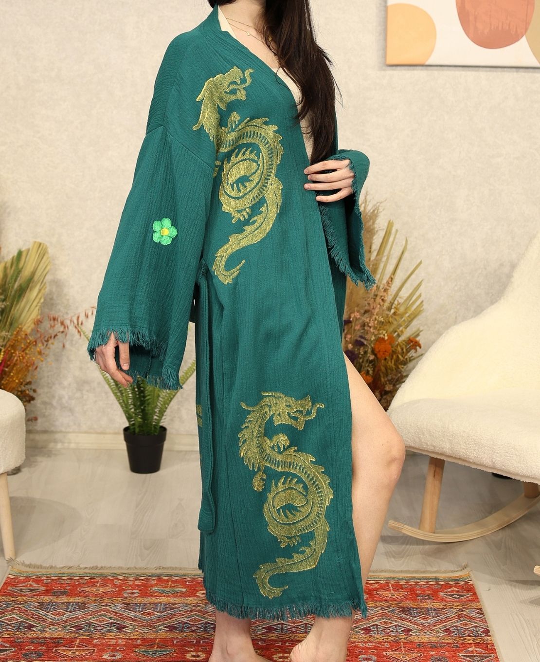 Golden Dragon Block Printed Cotton Kimono Robe
