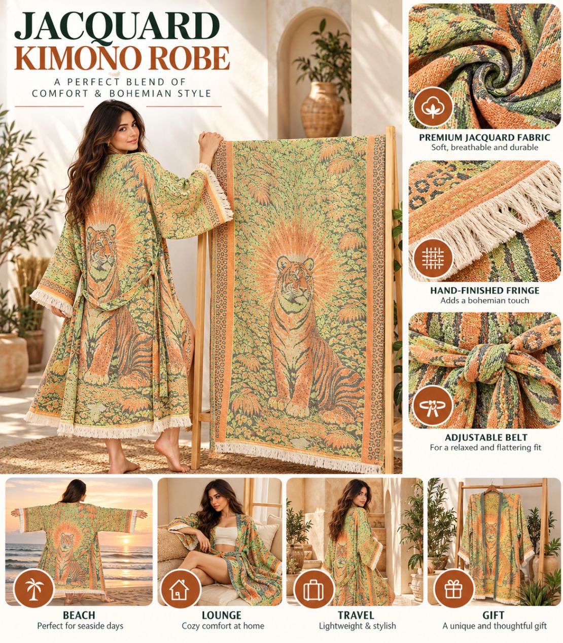 Wild Tiger Jacquard Cotton Kimono Robe