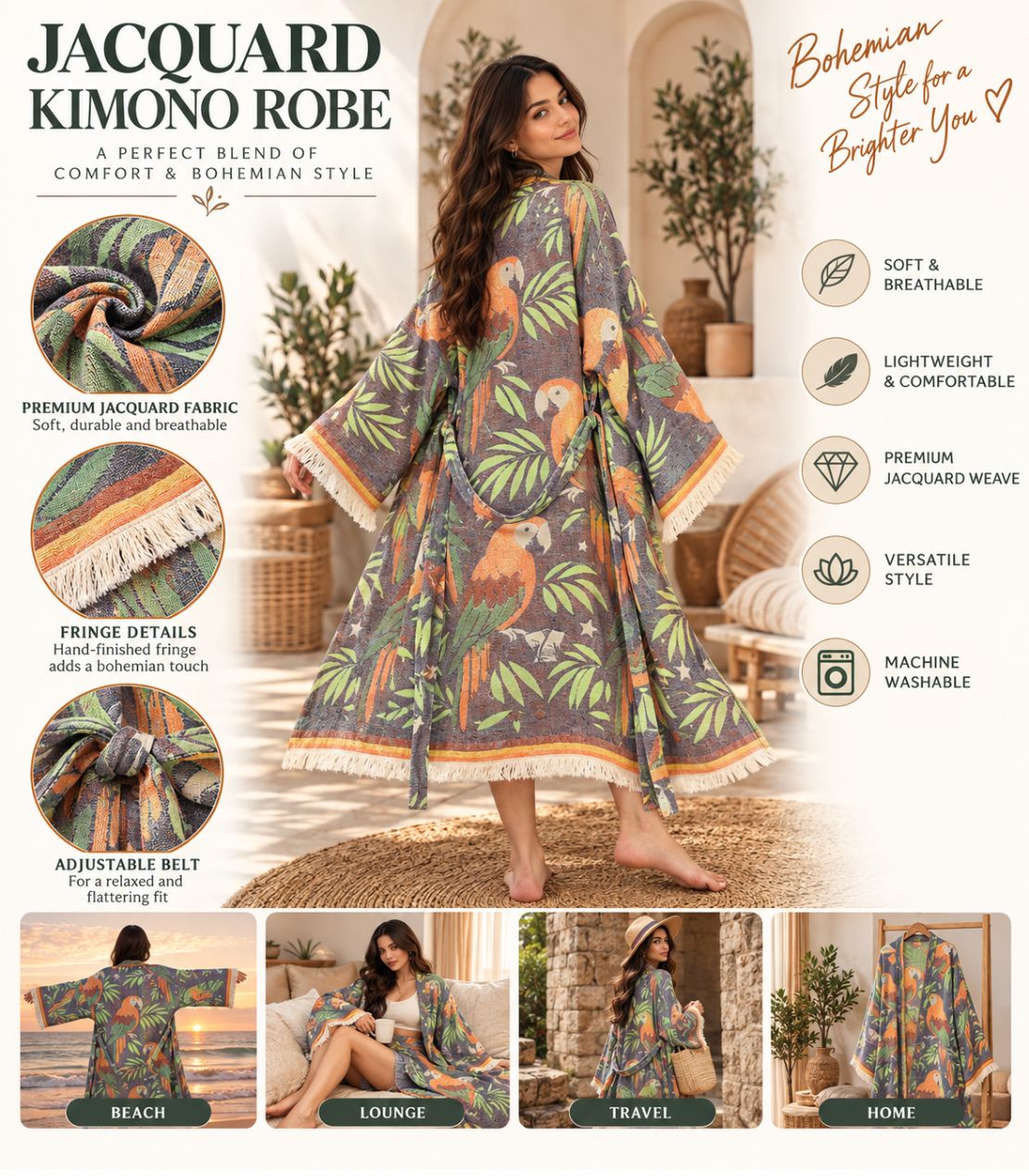 Tropical Parrot Jacquard Cotton Kimono Robe