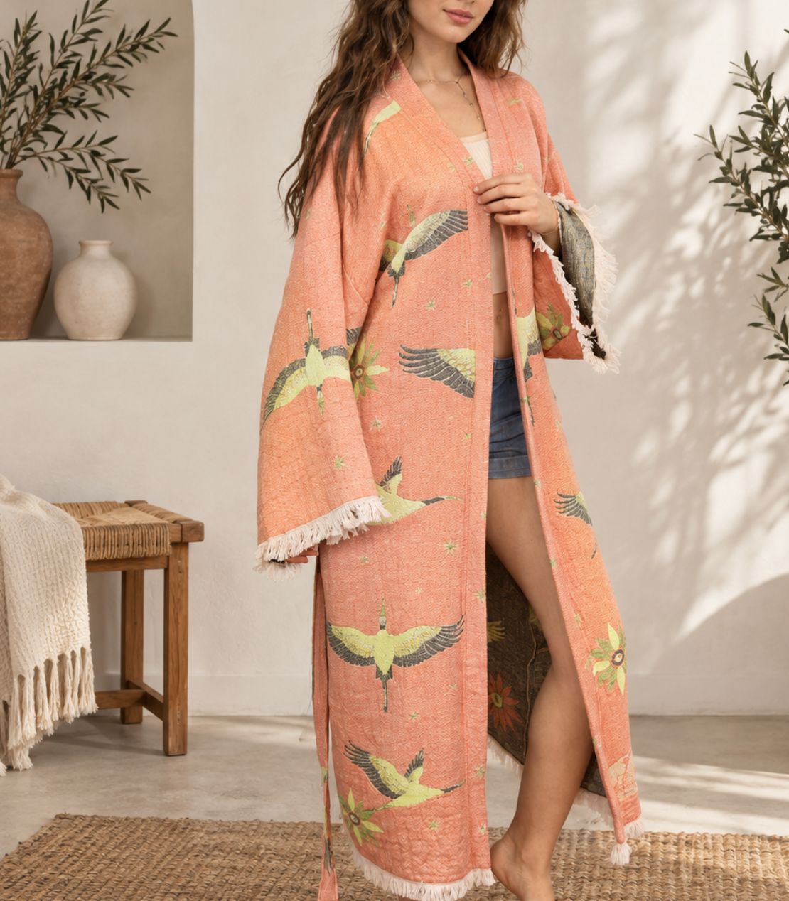 Flying Cranes Jacquard Cotton Kimono Robe