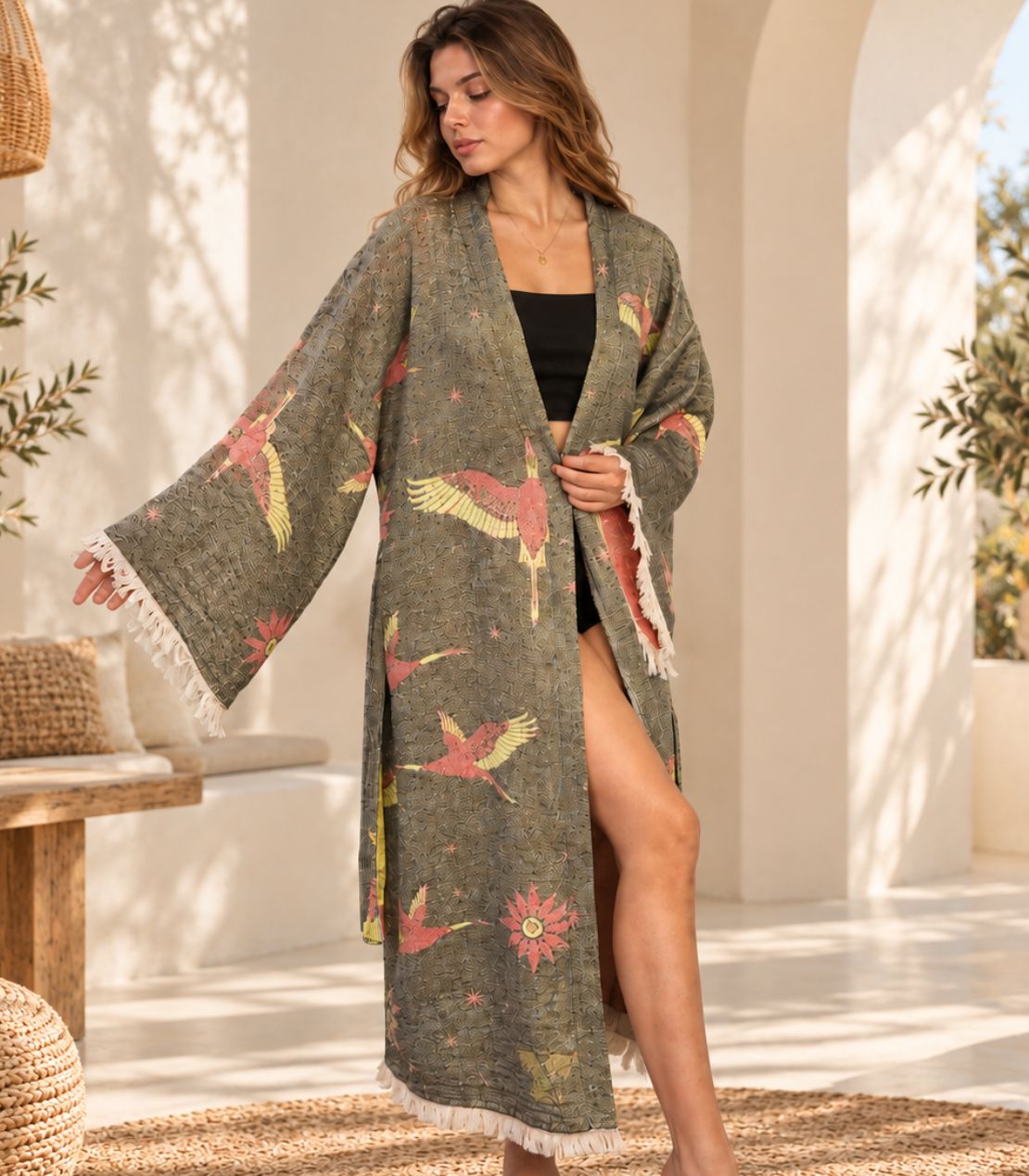 Flying Cranes Jacquard Cotton Kimono Robe