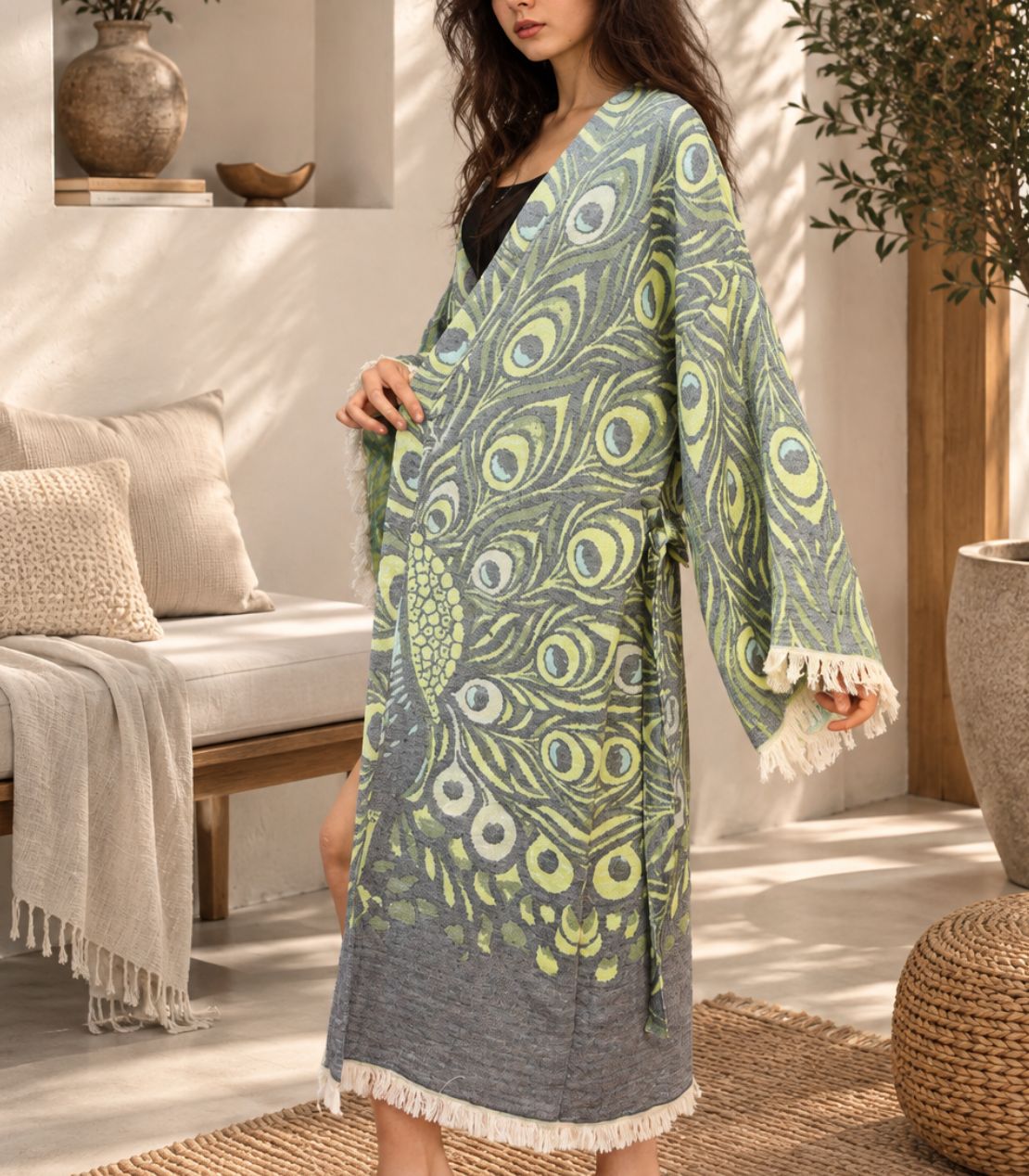 Royal Peacock Jacquard Cotton Kimono Robe