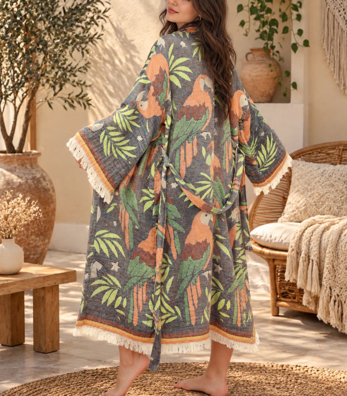 Tropical Parrot Jacquard Cotton Kimono Robe