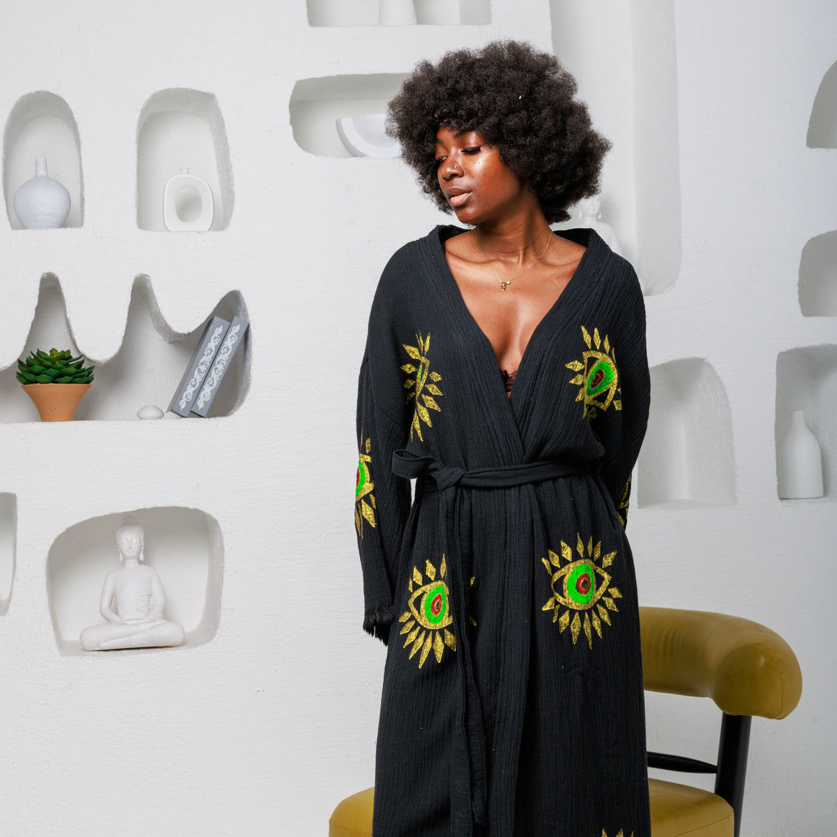 Hand Block Printed Evil Eye Cotton Muslin Kimono Robe