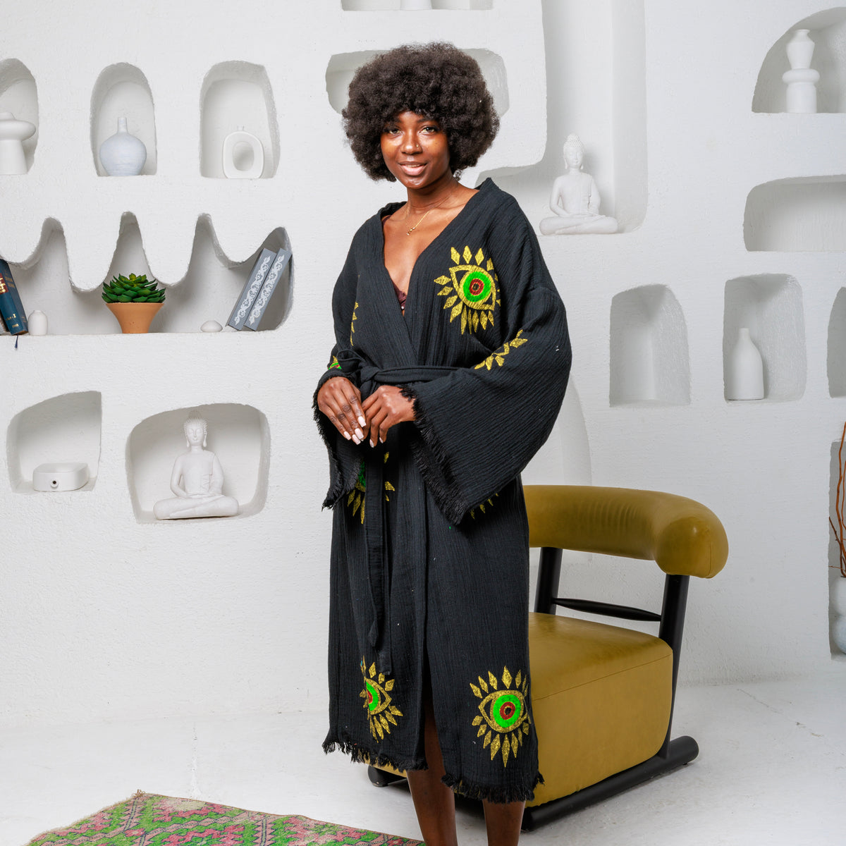 Hand Block Printed Evil Eye Cotton Muslin Kimono Robe