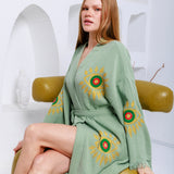Hand Block Printed Evil Eye Cotton Muslin Kimono Robe
