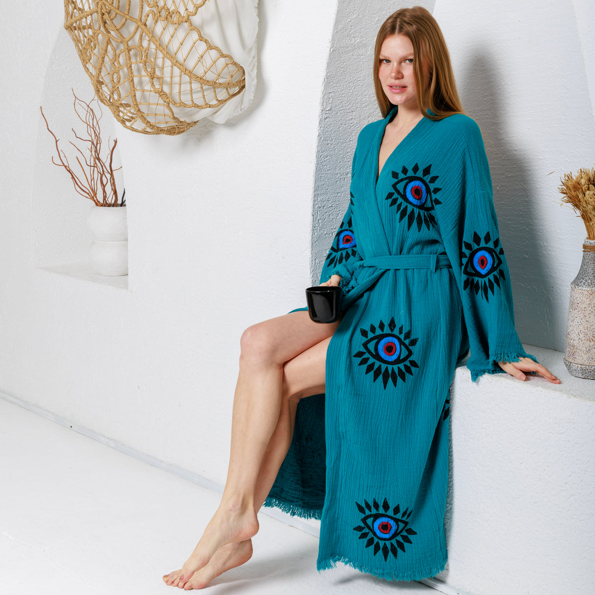 Hand Block Printed Evil Eye Cotton Muslin Kimono Robe