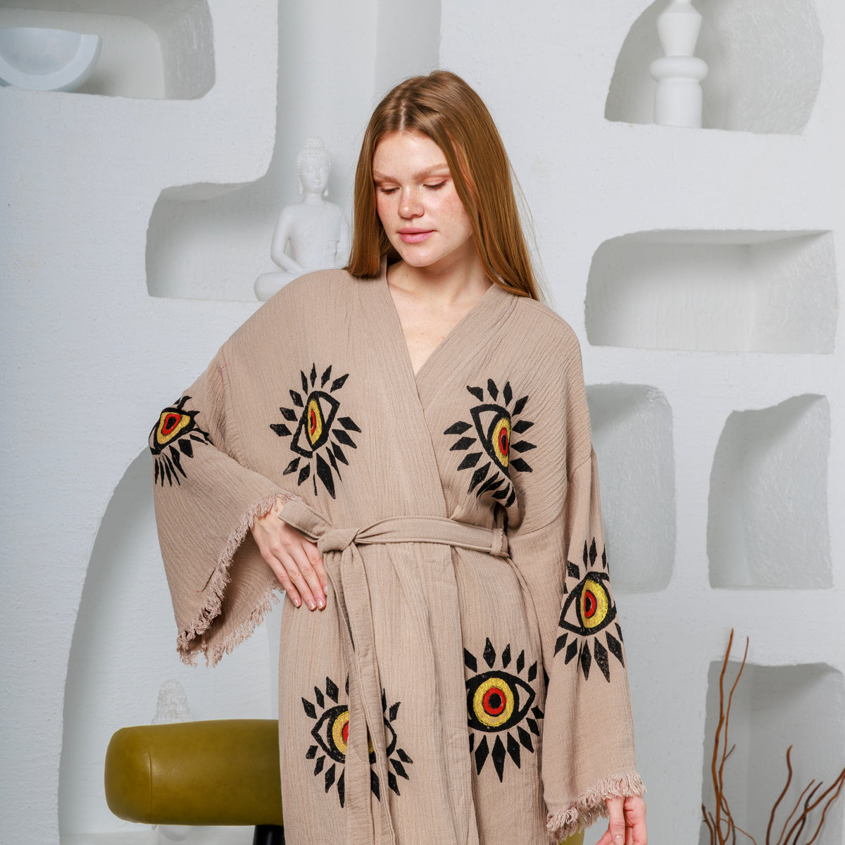 Hand Block Printed Evil Eye Cotton Muslin Kimono Robe