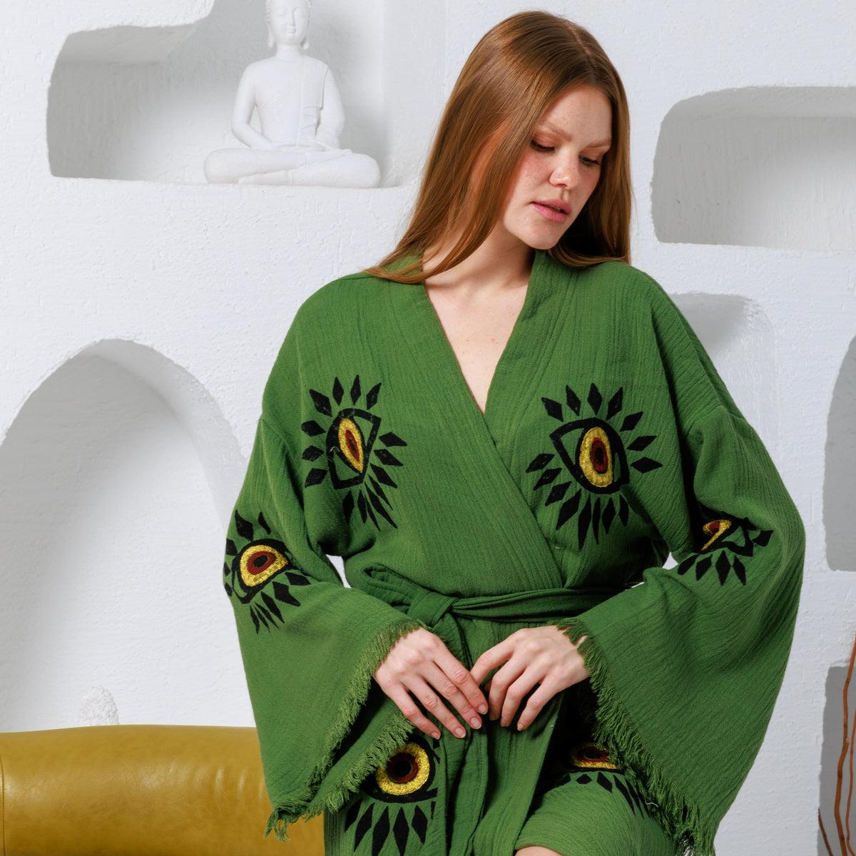 Hand Block Printed Evil Eye Cotton Muslin Kimono Robe