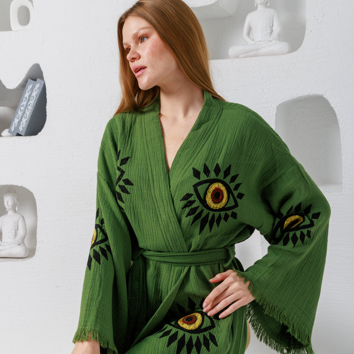 Hand Block Printed Evil Eye Cotton Muslin Kimono Robe