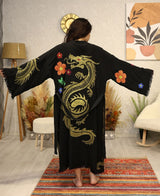 Golden Dragon Block Printed Cotton Kimono Robe