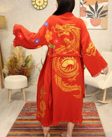 Golden Dragon Block Printed Cotton Kimono Robe