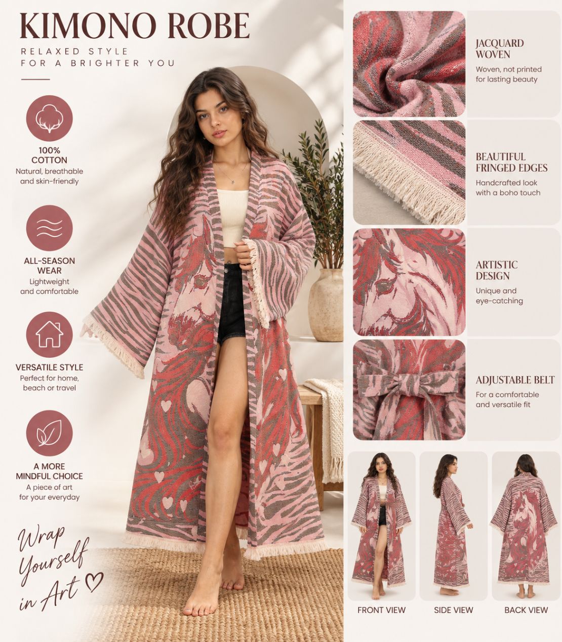 Horse Love Jacquard Cotton Kimono Robe