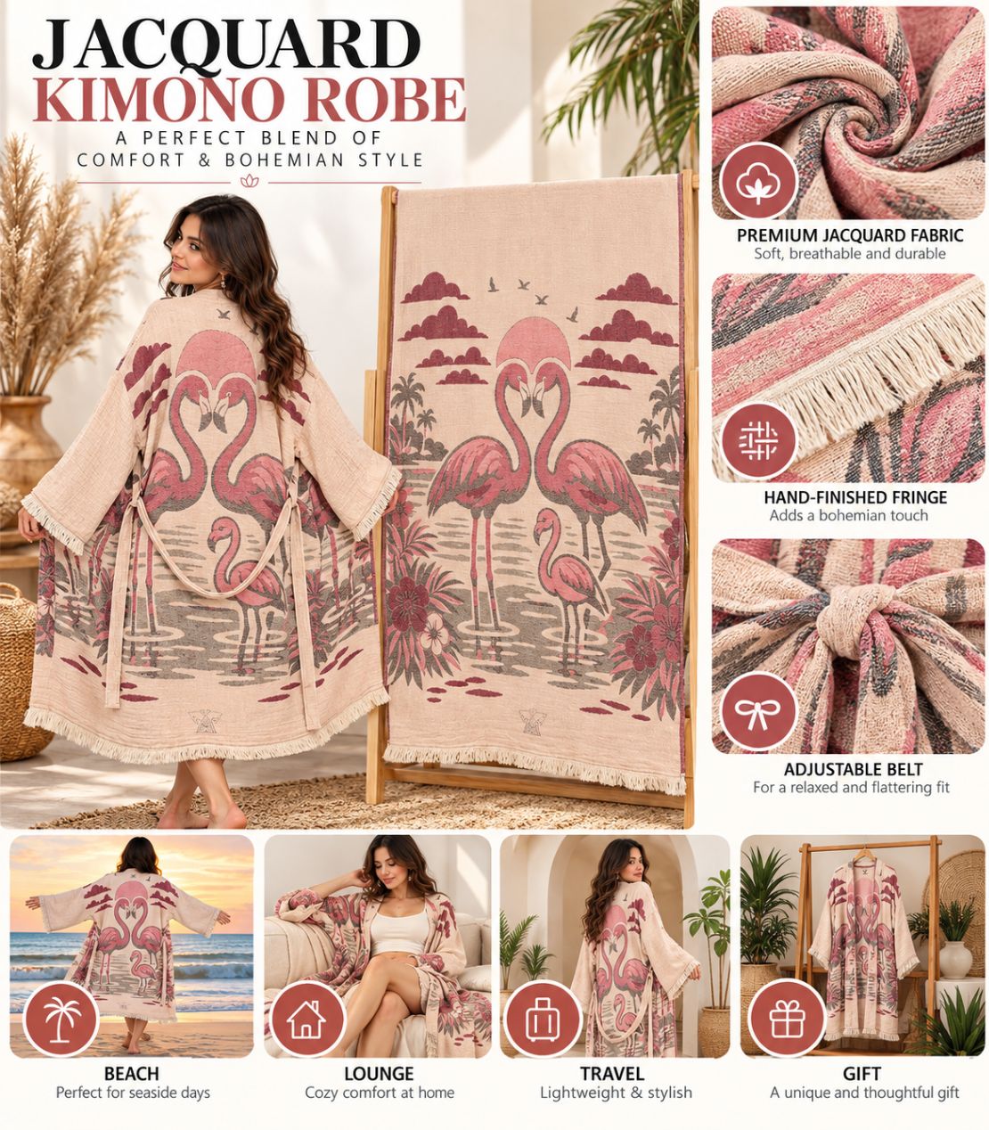Flamingo Love Jacquard Cotton Kimono Robe