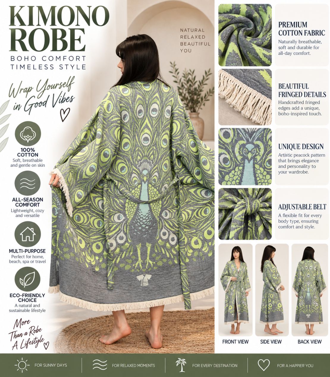 Royal Peacock Jacquard Cotton Kimono Robe