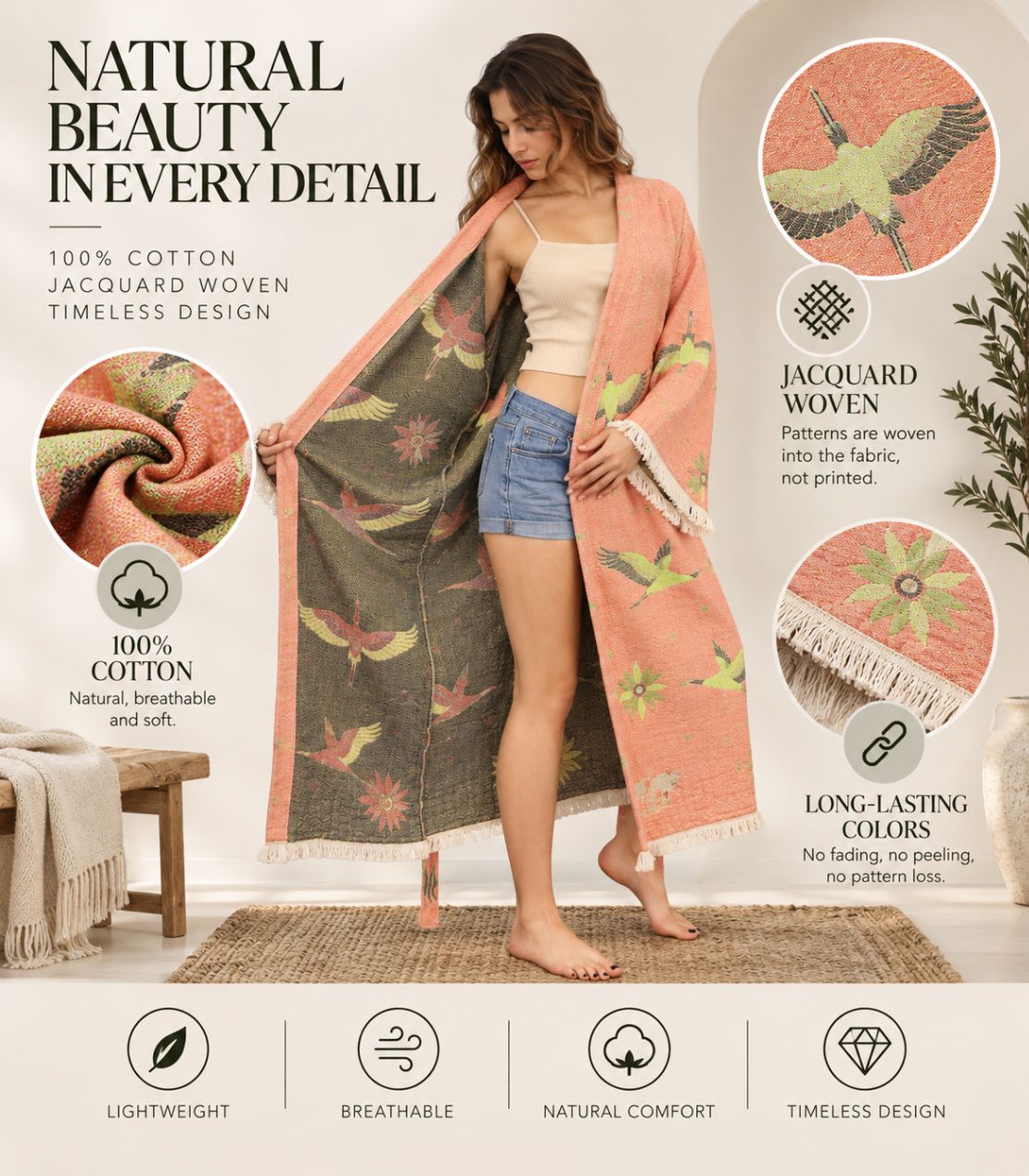Flying Cranes Jacquard Cotton Kimono Robe