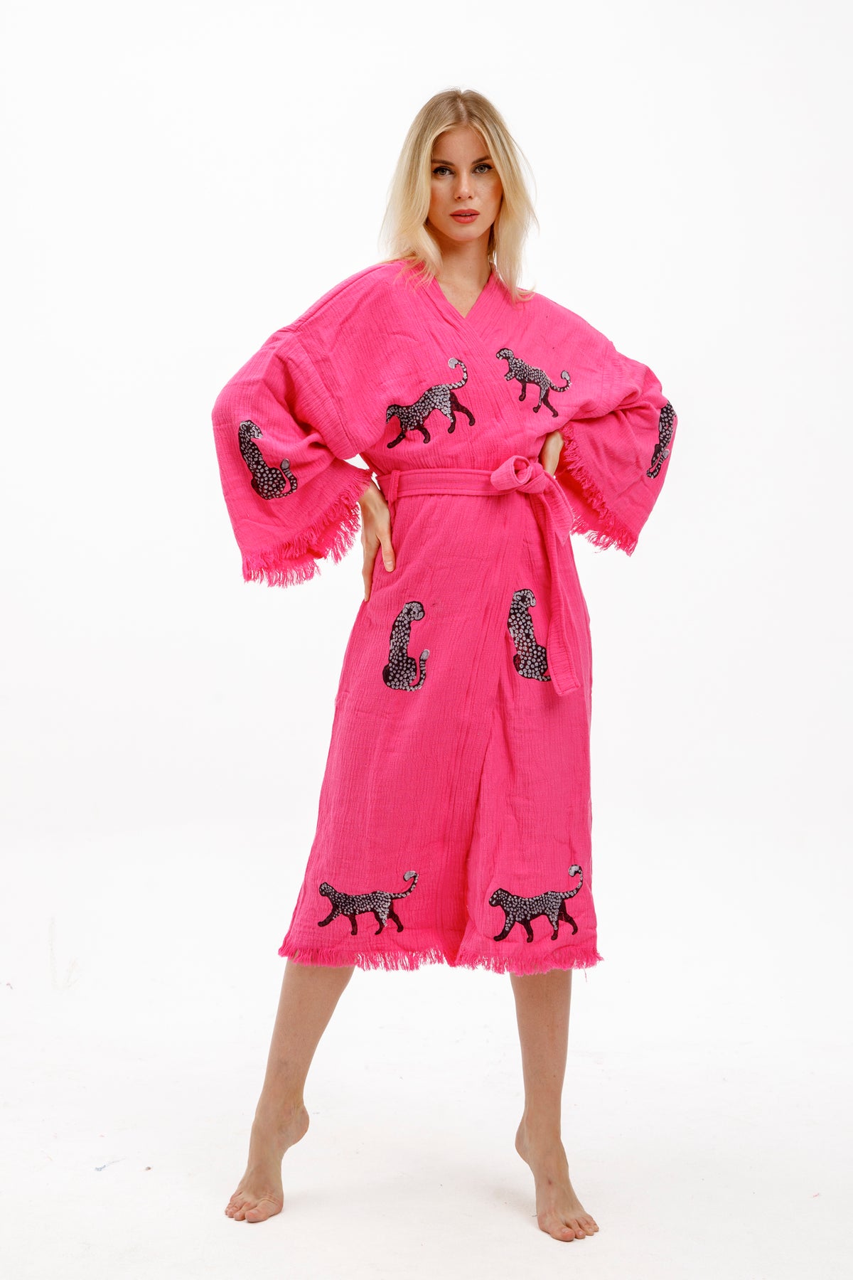Hand-Printed Leopard 100% Cotton Muslin Kimono Robe