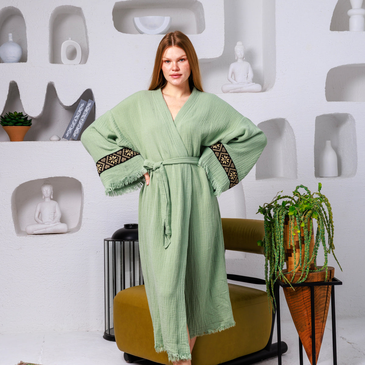 Ethnic Trim Cotton Muslin Kimono Robe